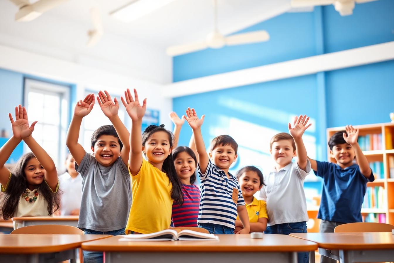 Crianças felizes na sala de aula da Escola Anjos Aguiar
